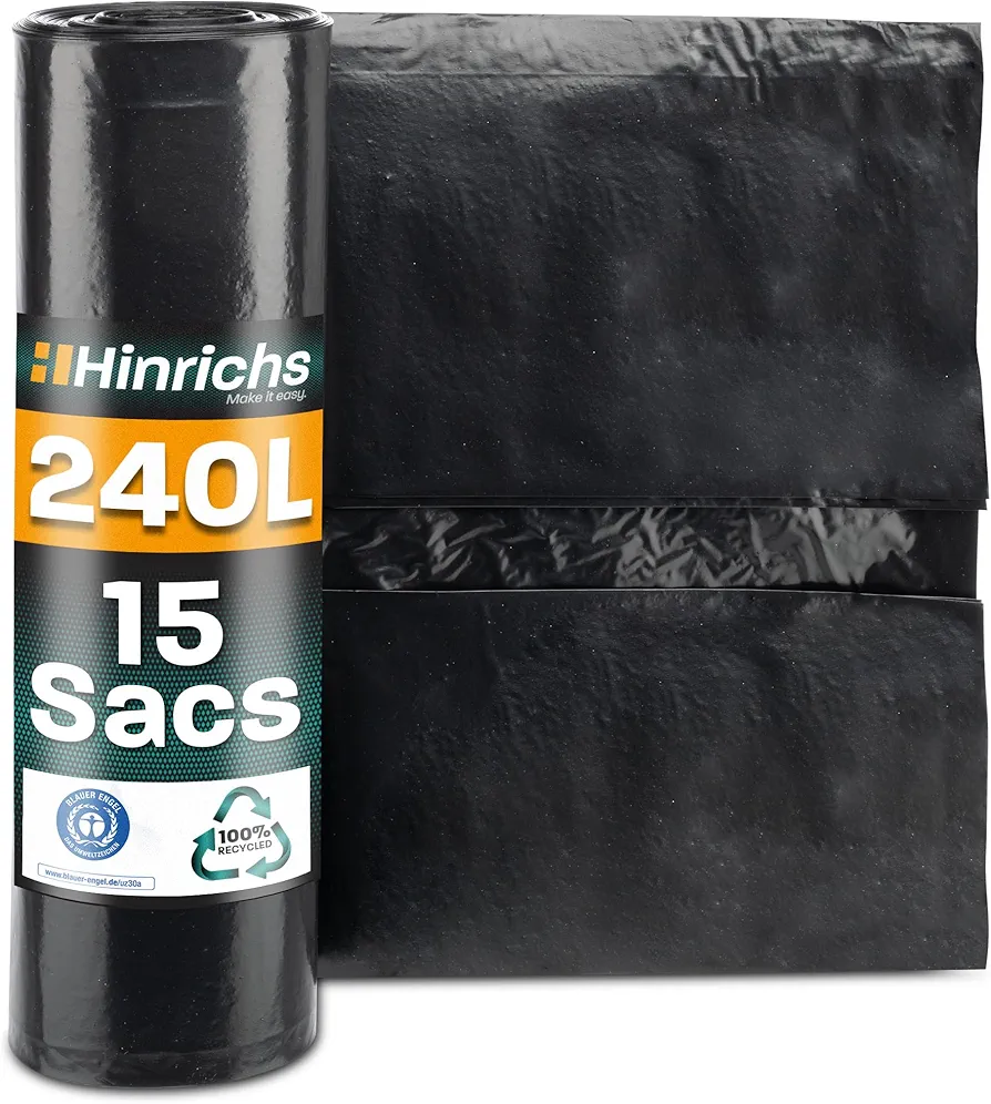 Hinrichs 240L Bin Liners - Extremely Tear-Resistant - 15 Roll - Waste Bags XXL 70 ? - 100 X 125 cm - Ldpe - Perfect Waste Disposal for Household Garden Commercial Construction Site - Black (1 Roll)