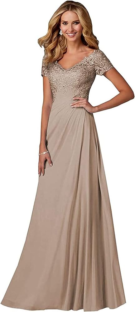 Chiffon Mother of The Bride Dresses Long Lace Appliques V-Neck Pleat Mother Bride Dresses for Wedding with Sleeves