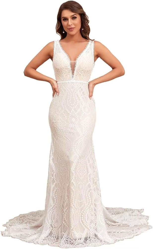 Boho Lace Wedding Dresses for Bride Long Mermaid Bohemian V-Neck Backless Beach Bridal Wedding Gown with Train