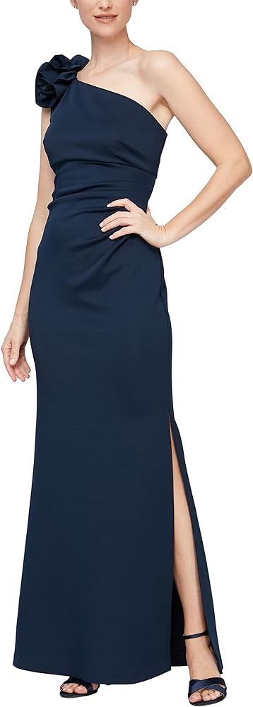 S.L. Fashions Women's Long Length Scuba One Shoulder Gown W/Flower Detail, Wedding Guest Dress, (Petite and Regular Sizes)