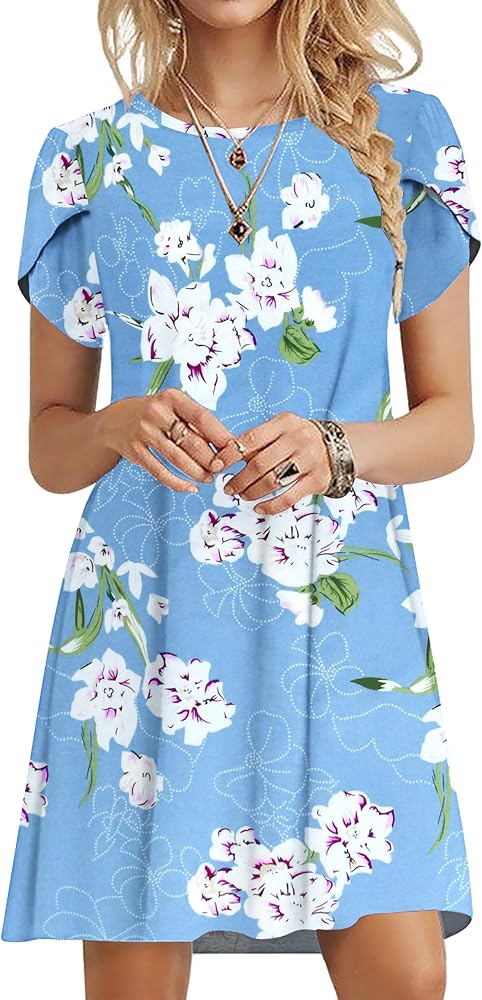 MOLERANI Summer Dresses for Women 2024 Casual T Shirt Crewneck Petal Sleeve Swing Vacation Dress with Pockets