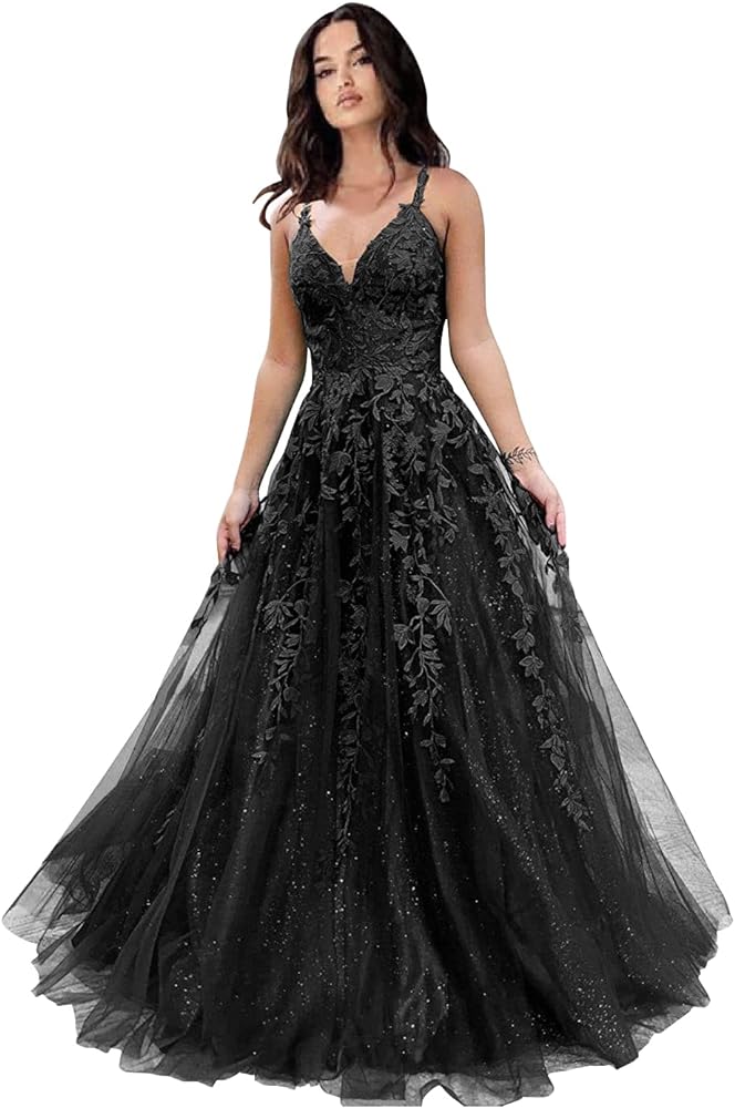 Tulle Prom Dresses for Women 2024 Sparkly Lace Appliques Long Ball Gowns with Spaghetti Straps A-Line Evening Dresses