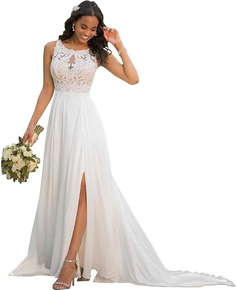 Chiffon A-line Beach Bridal Dress 2024 Boho Lace Applique Wedding Dress for Women