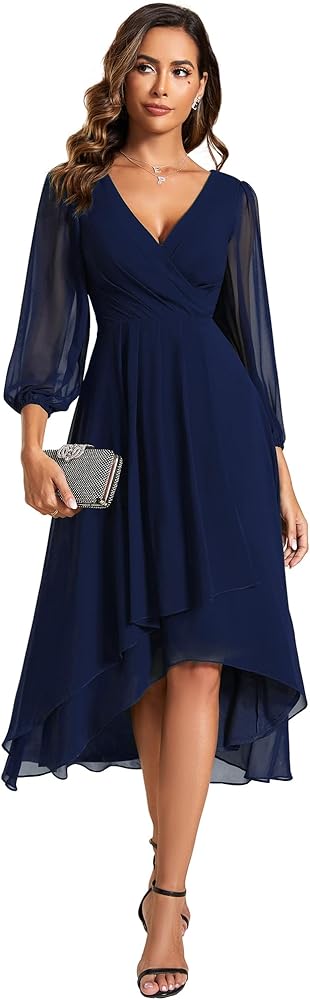 Ever-Pretty Women's Chiffon Spring V Neck Long Sleeves Pleated A-Line Midi Length Wedding Guest Dress 01926