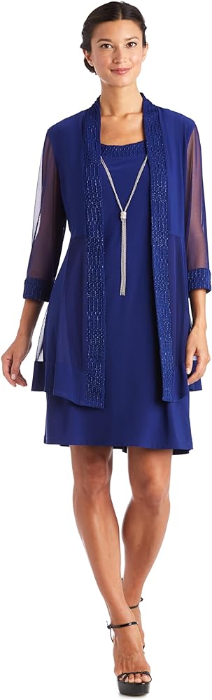 R&M Richards Women's Sparkly Shift Jacket Dress W/Sheer Inserts and Attached Necklace, Royal Blue