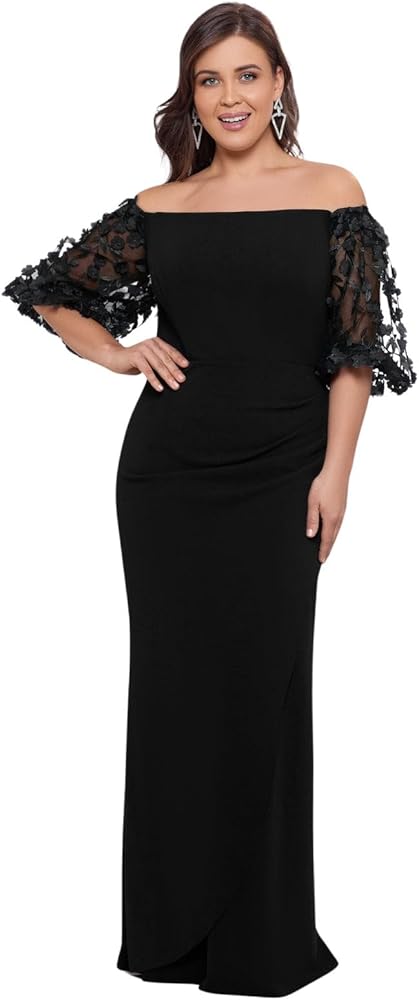 Xscape Women's Plus Size Long Illusion Sleeve Off The Shoulder Dress