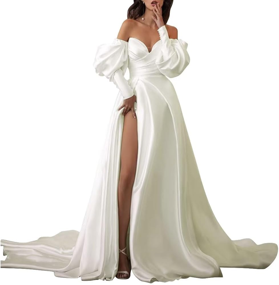 Off Shoulder Satin Wedding Dresses with Slit for Bride Detachable Puffy Sleeves Simple Bridal Gown A-line Prom Dress