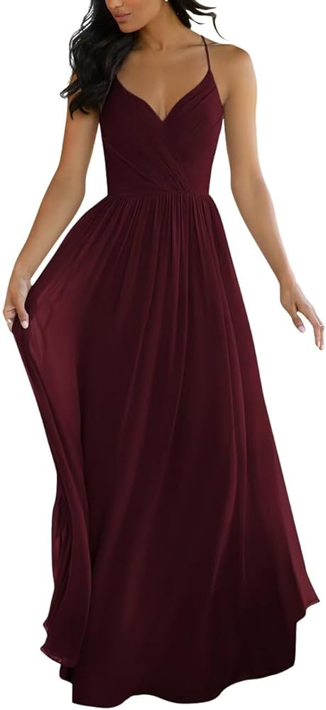 V Neck Bridesmaid Dresses for Women Long Chiffon Ruched A Line Spaghetti Strap Formal Evening Gown for Wedding