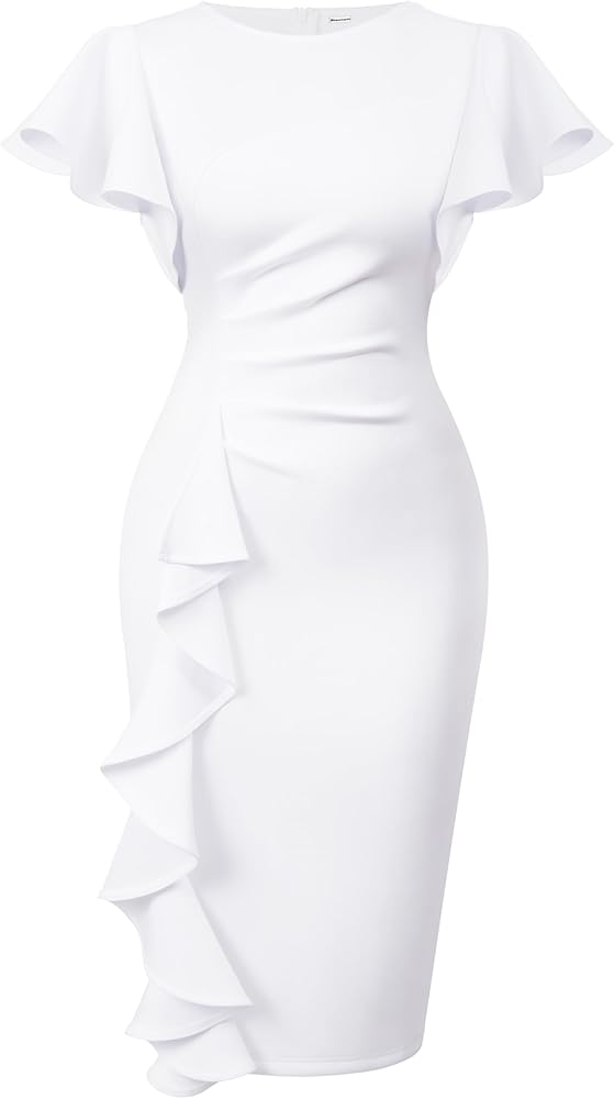 Memoriesea Women's Vintage Church Ruffle Sleeve Ruched Bodycon Work Midi Pencil Dress