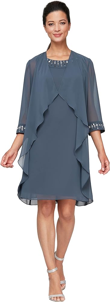 S.L. Fashions Women's Chiffon Tier Jacket Dress with Beaded Neck and Cuffs