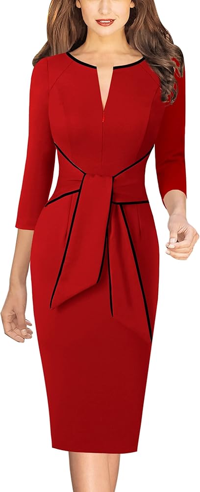 VFSHOW Womens Front Zipper Tie Waist Bow Slim Work Business Office Party Bodycon Pencil Sheath Dress