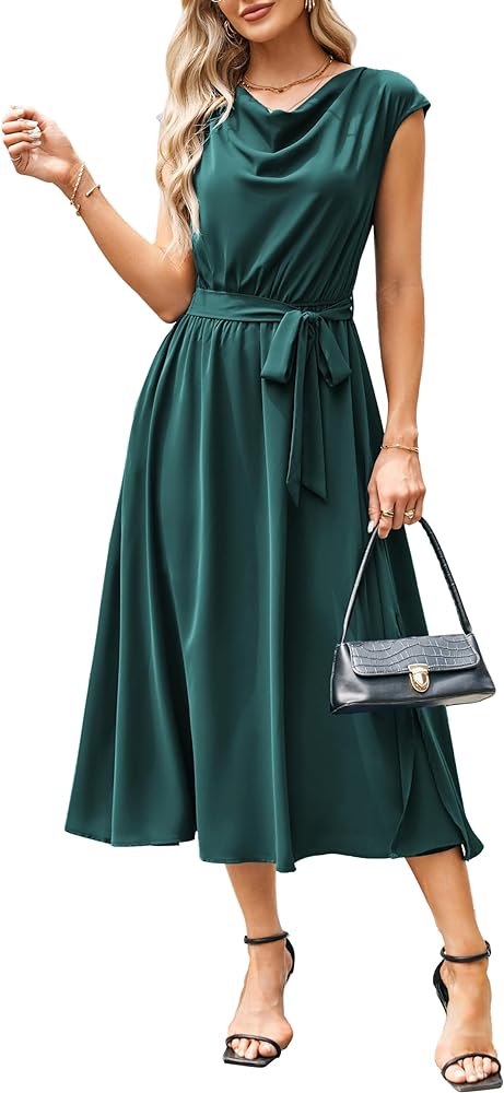 GRACE KARIN Women's 2024 Satin Midi Dress Summer Cap Sleeve Cowl Neck Belted Slit Elegant A-Line Flowy Dress with Pockets