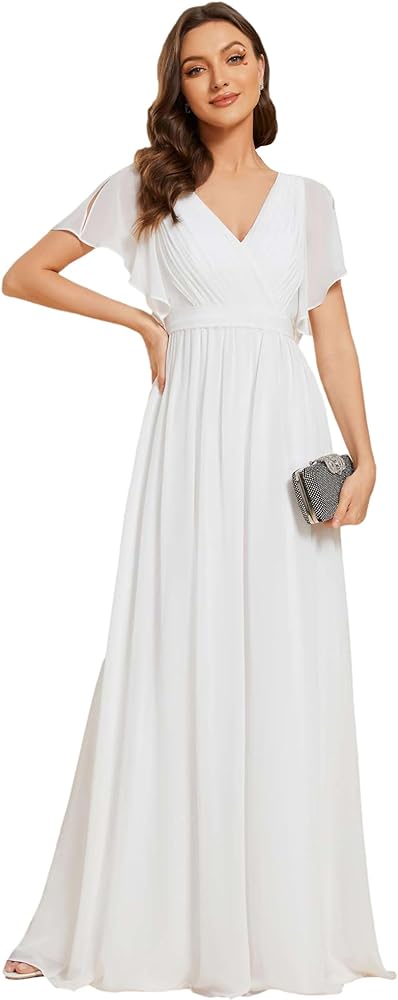 Ever-Pretty Women's Bridesmaid Dress V-Neck Ruffle Sleeves Ruched Bust Floor Length Chiffon Formal Dresses 0164A