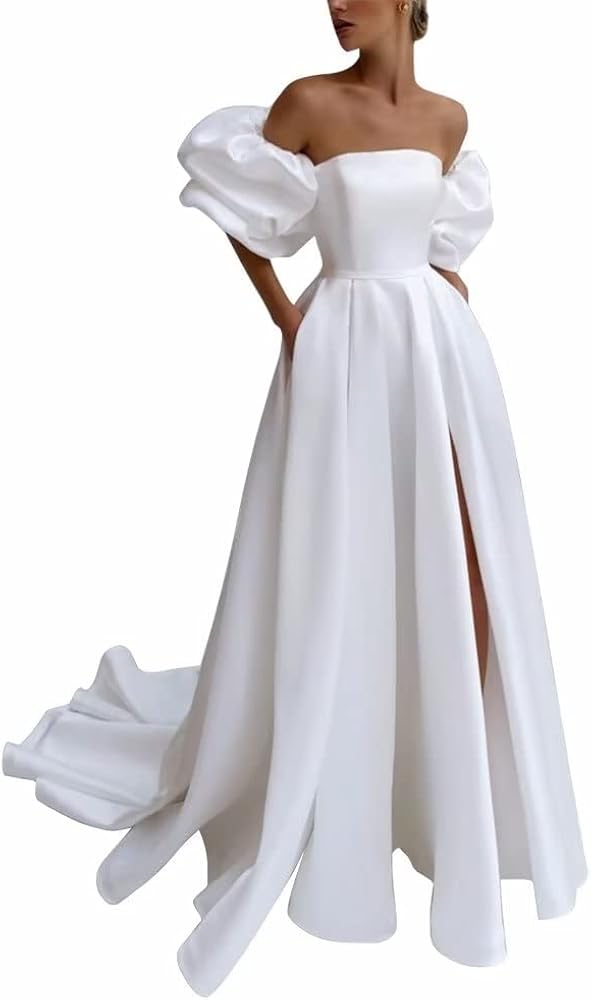 Detachable Puffy Sleeves Wedding Dresses for Bride with Pockets Satin High Slit Prom Dresses Ball Gowns