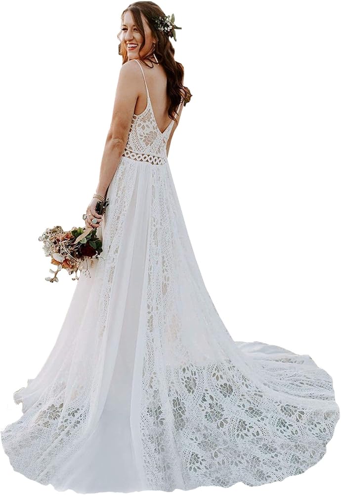 LIPOSA Boho Lace Wedding Dresses for Bride Spaghetti Strap Sweetheart A Line Sleeveless Courthouse Bridal Gowns