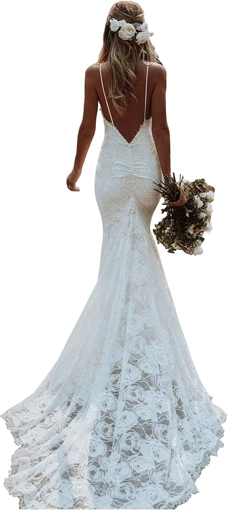 Clothfun Women's Lace Mermaid Beach Wedding Dresses for Bride 2024 with Sleeves Bridal Gowns Long