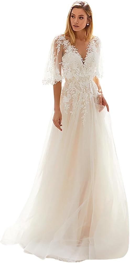 YMSHA Women's Beach Spaghetti Strap Wedding Dresses for Bride 2024 Boho Long Lace Bridal Gowns for Wedding YMS041