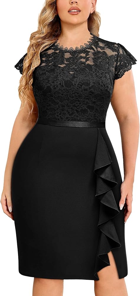 Miusol Women's Plus Size Floral Lace Contrast Ruffles Split Evening Cocktail Dress