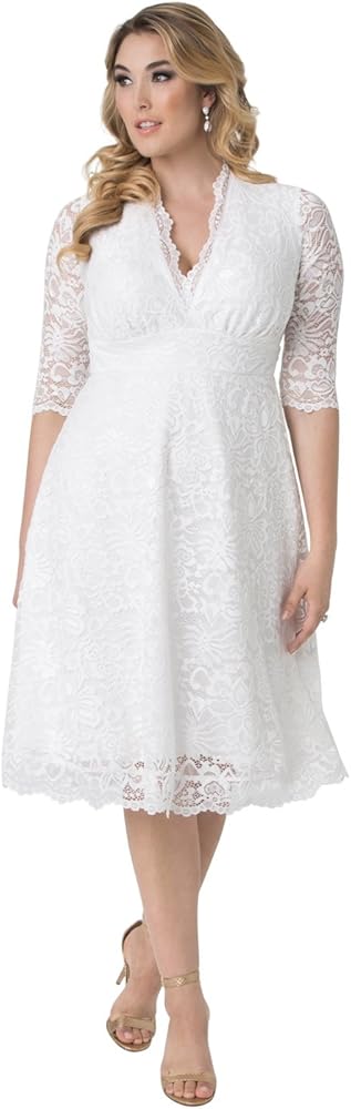 Kiyonna Women's Plus Size Bella Short Ivory Lace Dress, Simple White Wedding, Bridal Shower, or Graduation Midi Dress