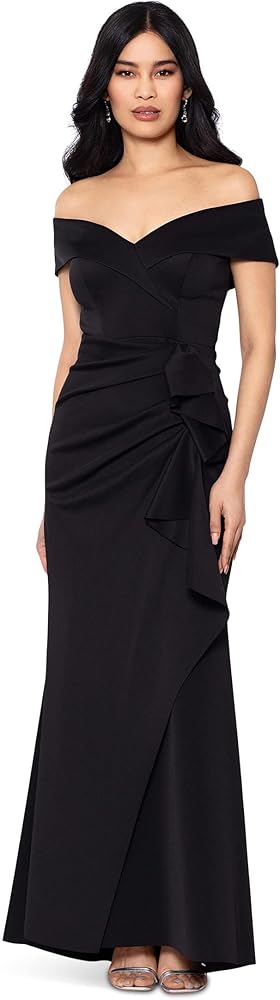 Xscape Women's Long Off Shoulder Sweetheart Neck Side Ruffle Gown (Reg and Petite)