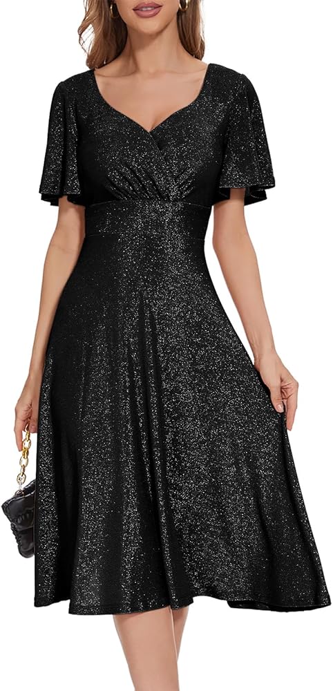 Bbonlinedress Wrap V-Neck Ruffled Sleeve Fit and Flare Glitter Cocktail Church Party Wedding Guest Midi Dress