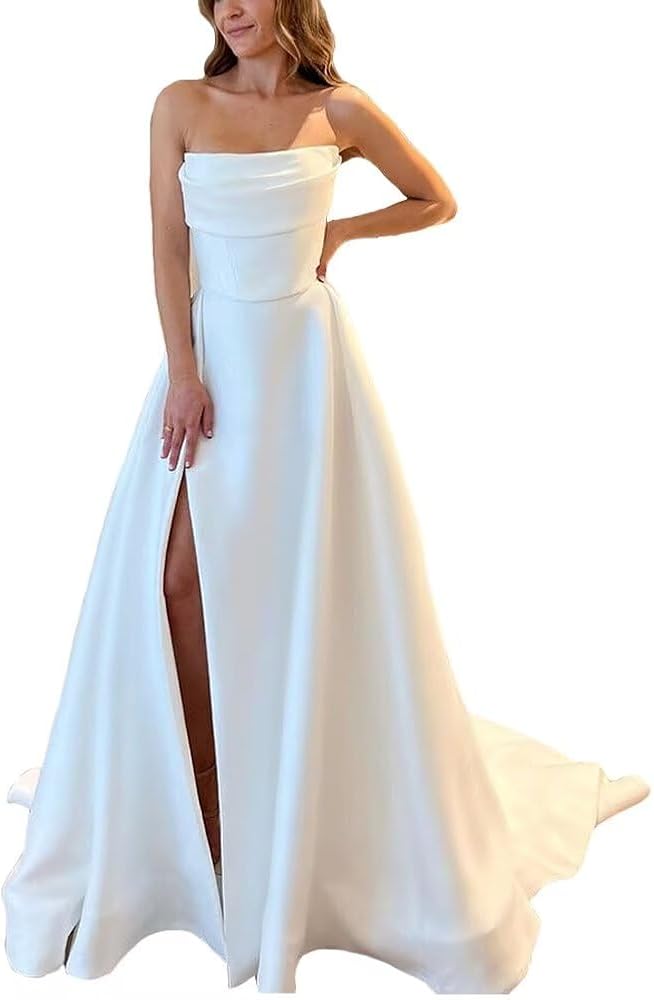 Simple Satin Wedding Dresses for Bride Women Off Shoulder Sleeveless Ball Gown Beach Bridal Gown with Train