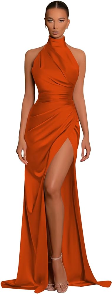 Halter Bridesmaid Dresses Long with Slit Satin Mermaid Prom Dresses for Women Formal Gown Evening Dress