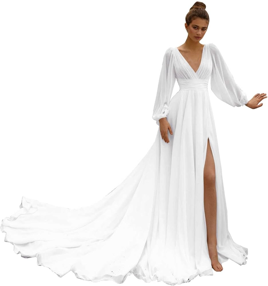 Long Sleeve Beach Wedding Dresses for Bride V Neck Empire Waist A Line Slit Chiffon Prom Dress with Train