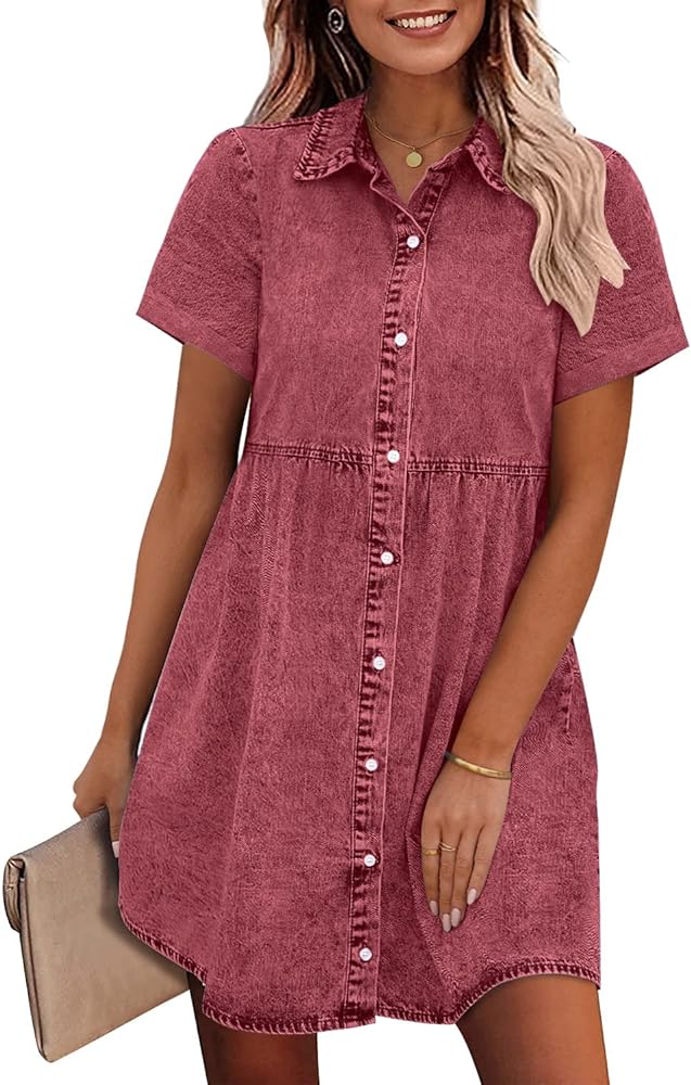 GRAPENT Denim Dress for Women Babydoll Tiered Short Sleeve Button Down Jean Shirt Dresses