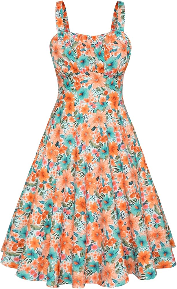 Belle Poque Women's Vintage Sleeveless Solid Floral Ruched Summer Cute A-Line Flowy Swing Midi Dress