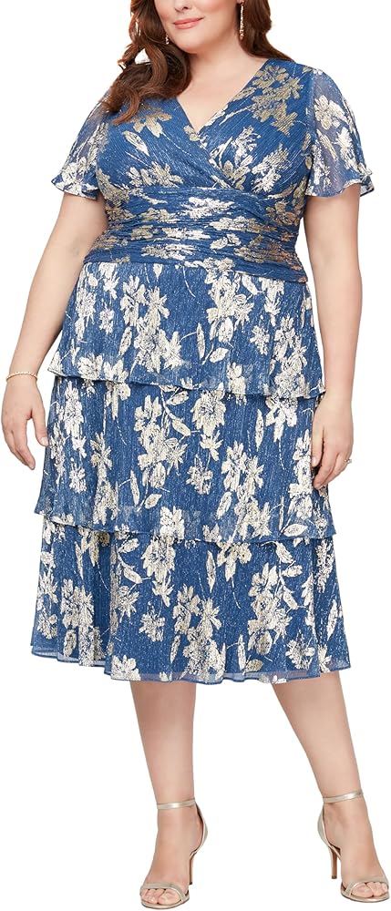 S.L. Fashions Women's Plus Size Tea Length Ruched Waist Boudre Tier Dress