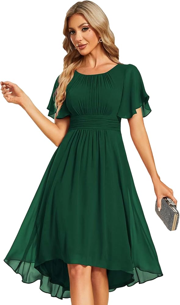 Ever-Pretty Women's Crew Neck Pleated Waist Short Sleeve Wedding Guest Dress Chiffon Bridesmaid Dresses 02053