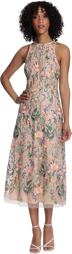 Maggy London Women's Floral Embroidered Halter Midi Dress with Back V-neck