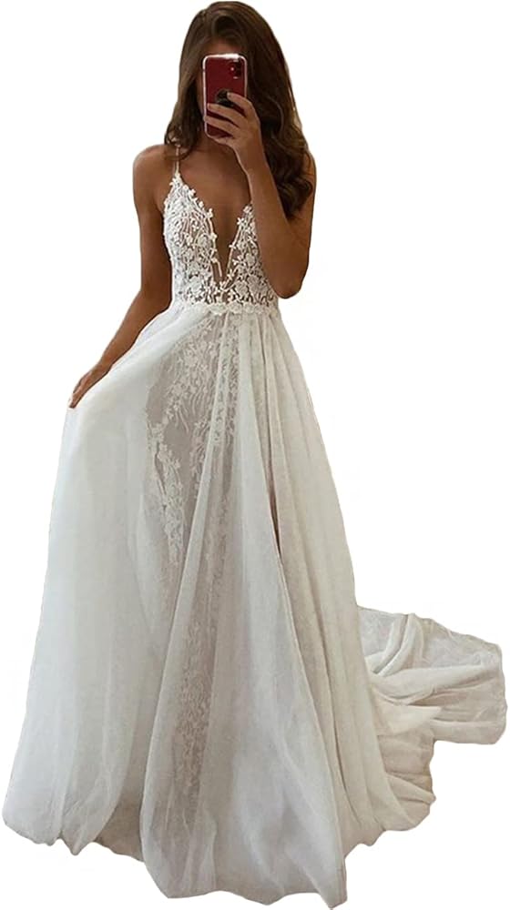 Tsbridal Women Wedding Dresses A-line V-neck Tulle Lace Backless Boho Wedding Gown Bridal Dresses