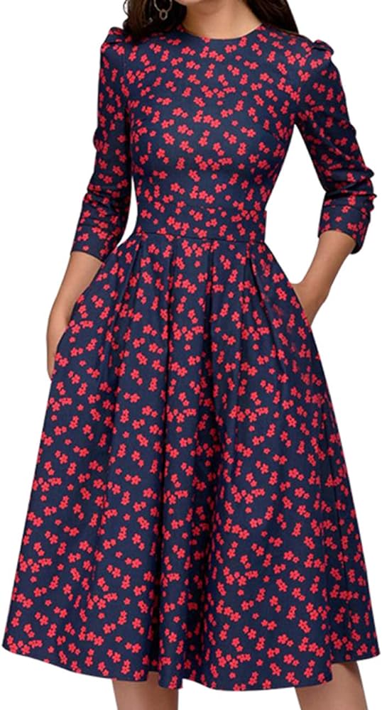 Simple Flavor Women's Floral Vintage Dress Elegant Midi Evening Dress 3/4 Sleeves