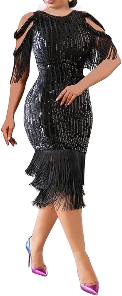 Cololura Sexy Elegant Women Sequin Long Sleeve Tassel Bodycon Midi Dress Party Evening Gown Formal Dress