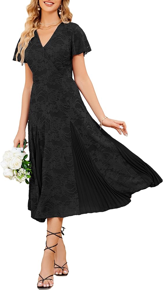 JASAMBAC Women's Lace Floral Midi Dresses Short Sleeve V-Neck Pleated A Line Wedding Guest Dress