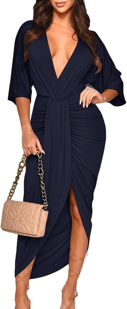 Women's Sexy Deep V Neck Dress Long Sleeve Front Split Ruched Elegant Party Maxi Dress