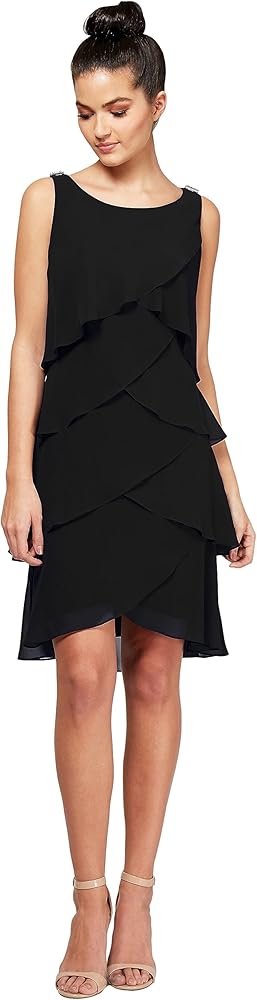 S.L. Fashions Women's Sleeveless Chiffon Tiered Cocktail Dress Petite and Missy