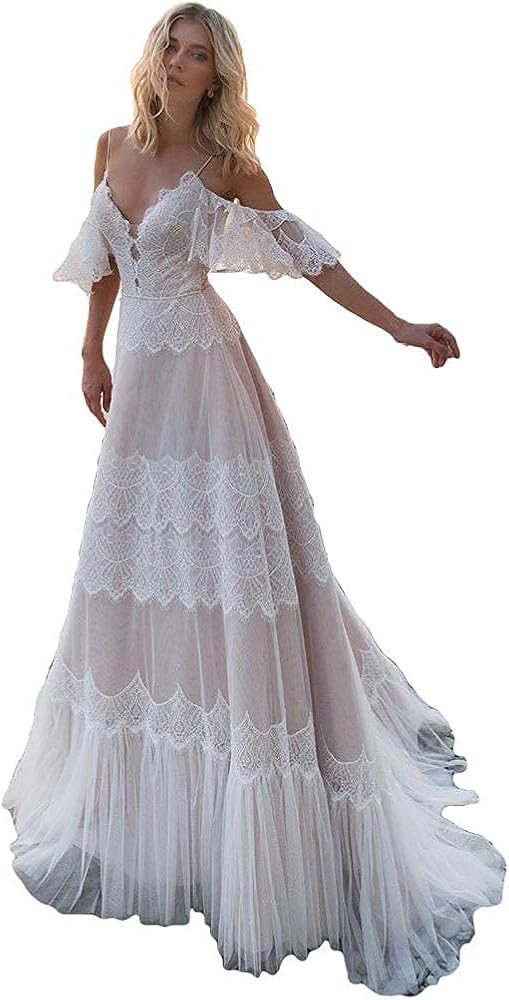 Women's Wedding Dresses Chic Lace Evening Dresses V Neck Ruffle Sleeves Beachy Boho Outdoorsy Wedding Gowns