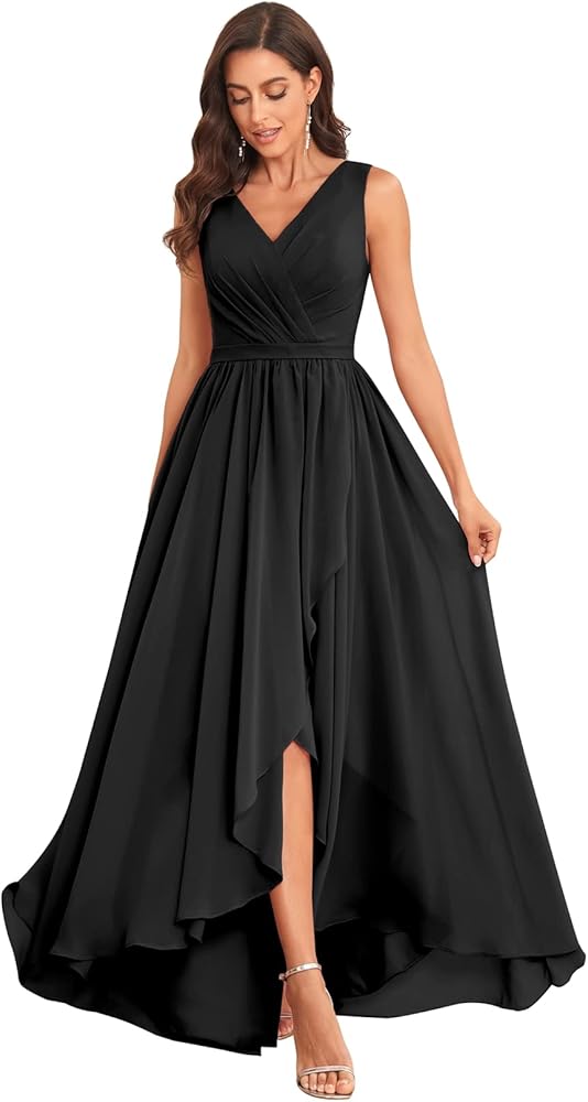 MAGGCIF V Neck Bridesmaid Dresses Long for Women with Pockets A Line Chiffon Formal Evening Gowns