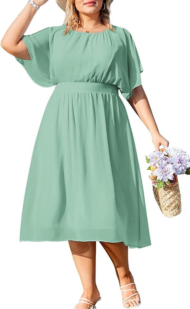 Hanna Nikole Plus Size Chiffon Dresses for Women Flounce Sleeves Empire Waist A Line Summer Beach Dress