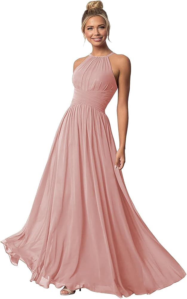 Clothfun Women's Halter Bridesmaid Dresses Long Chiffon Formal Dresses Evening Party Dress 2024