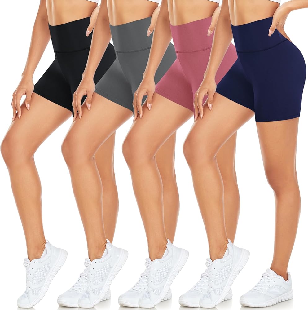 MOREFEEL 4 Pack Biker Shorts for Women - 5" High Waisted Tummy Control Workout Yoga Running Spandex Athletic Gym Shorts