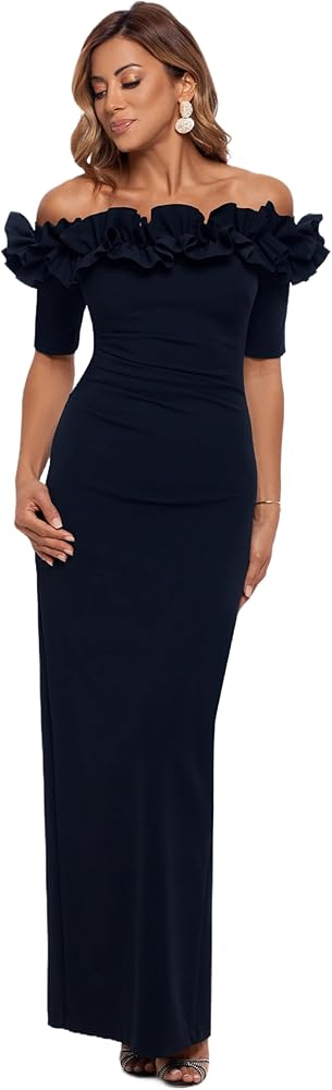 Xscape Women's Long Off The Shoulder Scuba Crepe Dress (Reg and Petite)