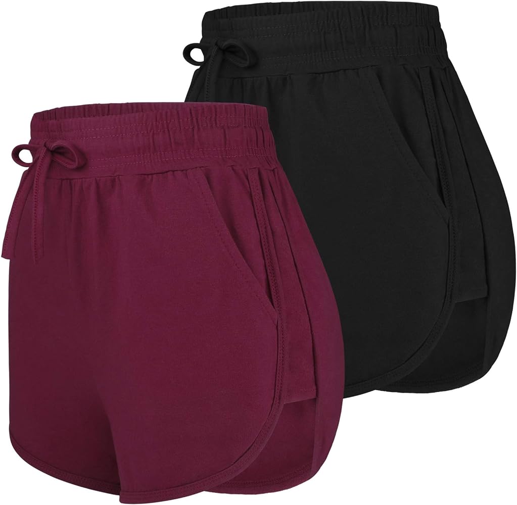 URATOT 2 Pack Cotton Yoga Short Women Summer Running Gym Sports Waistband Shorts with Pockets