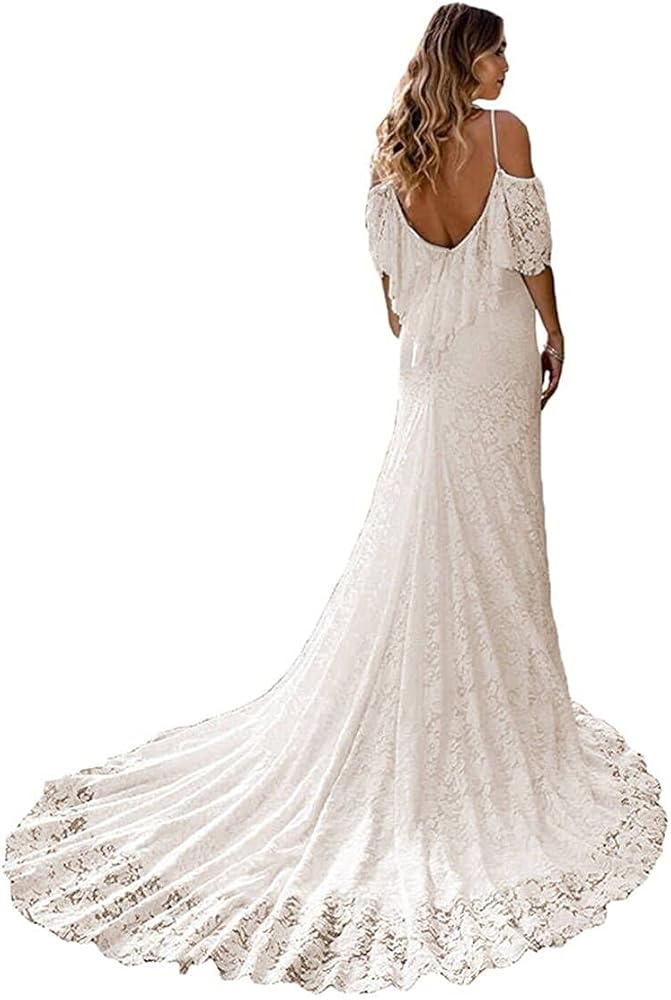 Women's High Low Country Wedding Dress for Bride V Neck Lace Bridal Gowns