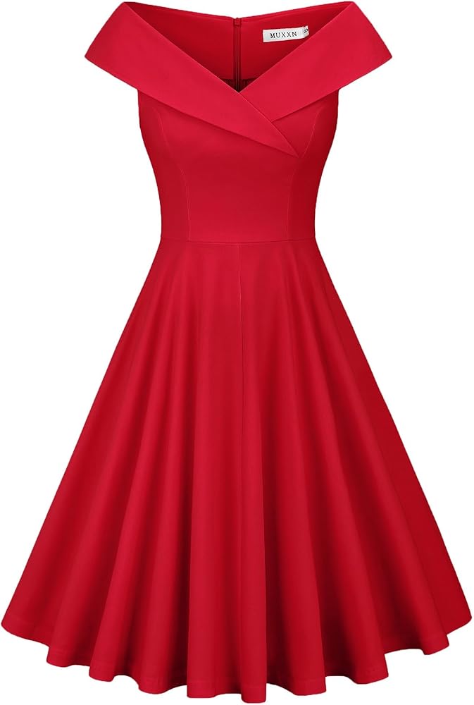 MUXXN Women's 1950s Retro Vintage Sleeveless V Neck Midi Cocktail Swing Dress