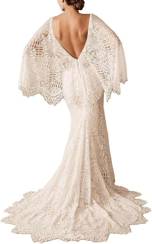 Boho Wedding Dresses for Bride Lace Mermaid Bridal Dress V Neck Cape Sleeve Beach Bohemian Vintage Wedding Gown