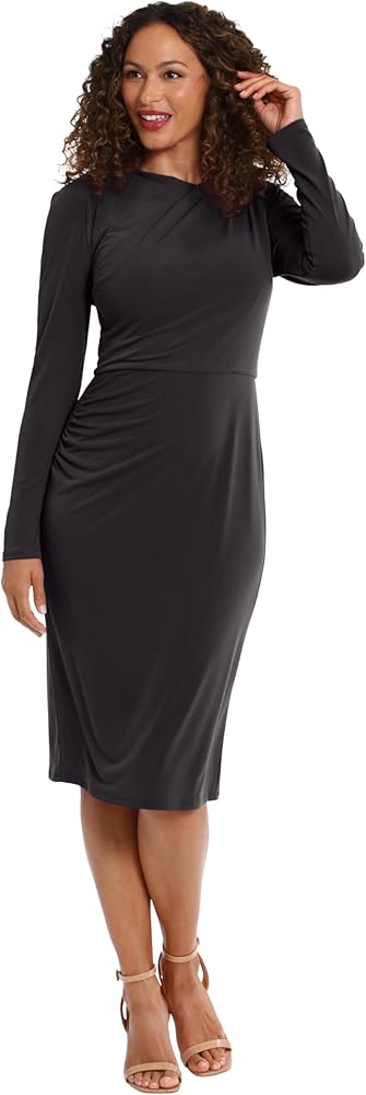 London Times Women's Draped Neckline Slimming Midi Length Jersey Sheath Dress with Stretch